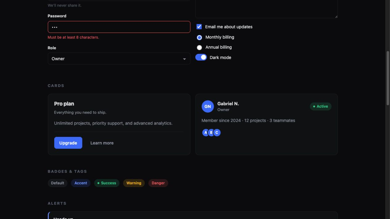 Dark UI Kit demo showing validation controls, cards, account status and badges