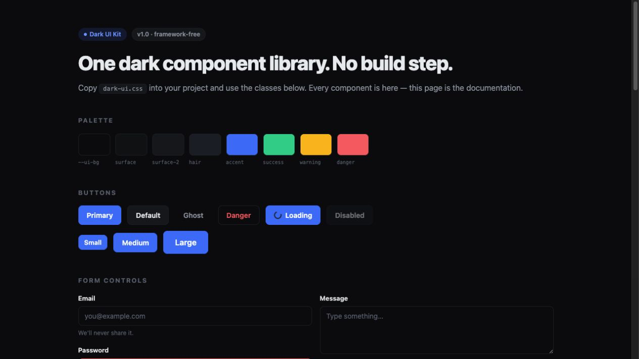 Dark UI Kit demo showing its palette, button variants and form controls