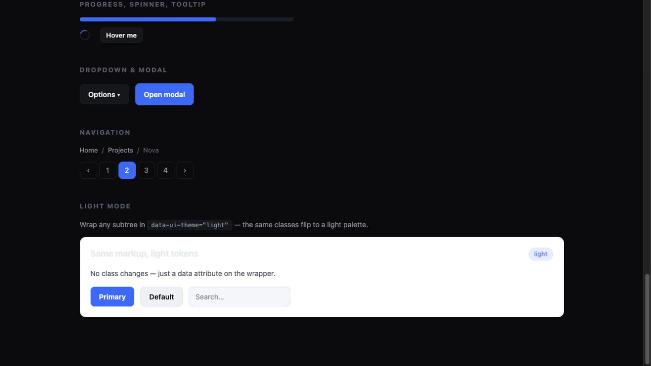 Dark UI Kit demo showing CSS-only controls, pagination and the built-in light theme