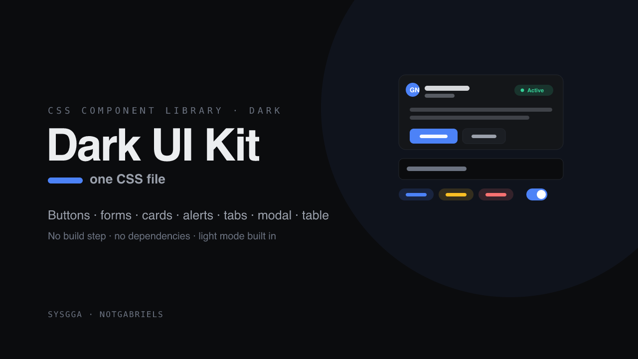 Dark UI Kit cover showing buttons, form fields, status chips and toggles